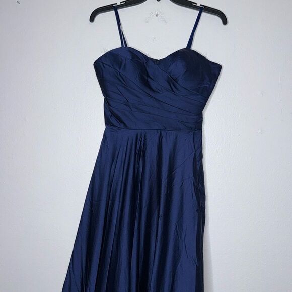 La Femme Womens Size 8 Navy Strapless Slit Satin Ballgown - Picture 7 of 12